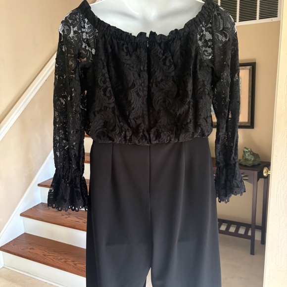 Adrianna Papell Off The Shoulder Lace Bodice Wide Leg Crepe Jumpsuit Size 16 - Picture 7 of 8